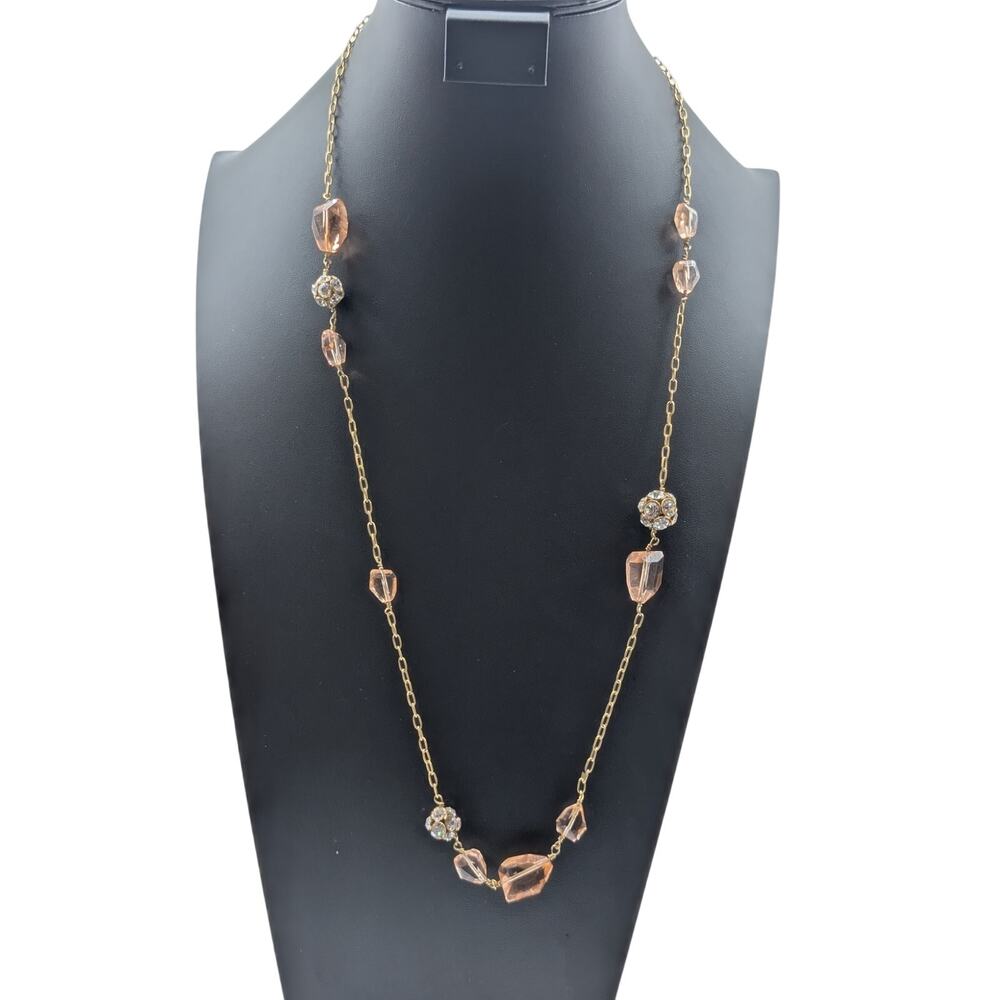 Signed J. Crew Peach Crystal Rhinestone Ball Gold Tone Chain 32" Necklace
